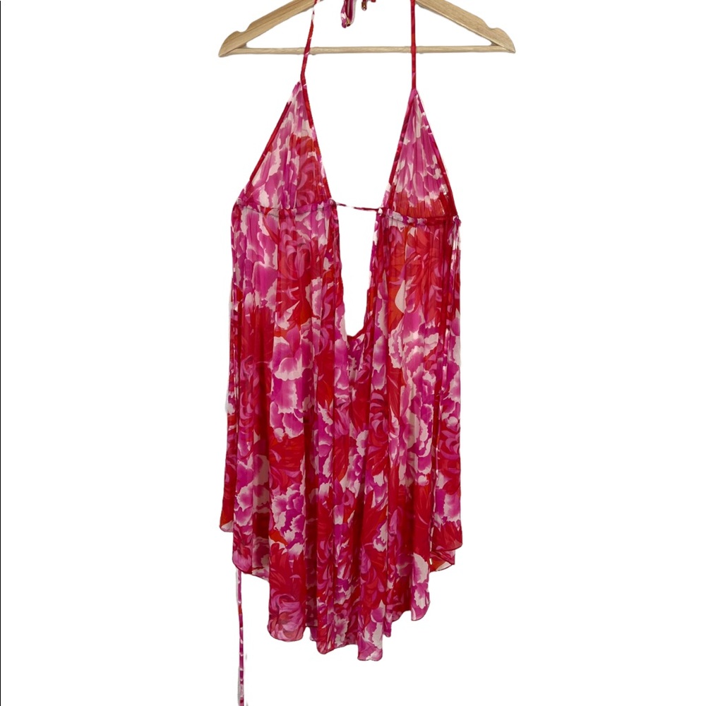 Victoria’s Secret Swim Cover Floral red Pink Sheer Halter Tie Waist XS/S y2k